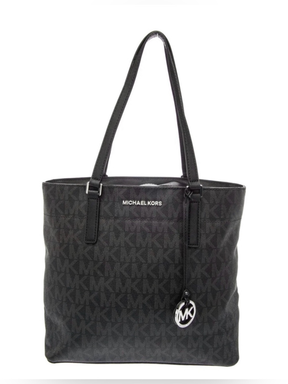 Michael Kors Jet Set Large Black MK Logo Tote Shoulder Bag Silver Hardware